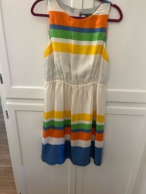 Anthropologie Cream Striped Sleeveless Dress with Rainbow Accents